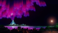 Larousse City la nuit avec une aurore boréale créée par Deoxys