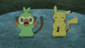 Ouistempo (de Goh) et Pikachu (de Sacha)