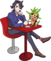 Dessin pour le Pokémon Center, avec son Marisson dans un café rouge.