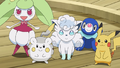 Candine (de Barbara), Togedemaru (de Chrys), Goupix d'Alola (de Lilie), Otaquin (de Néphie) et Pikachu (de Sacha)