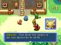 L'équipe d'Alakazam laisse l'équipe du joueur prendre la fuite en l'avertissant.