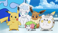 Pikachu (de Sacha), Goupix d'Alola (de Lilie), Shaymin (sauvage), Évoli (de Néphie) et Togedemaru (de Chrys)