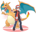 Red sous son Look Ultime et Dracaufeu dans Pokémon Masters.