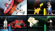 Ossatueur d'Alola(de Kiawe), Félinferno (de Professeur Euphorbe),Pikachu (de Sacha)et Zéroïd (de Gladio)