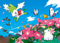 Les deux formes de Shaymin traversant le Passage Marin.