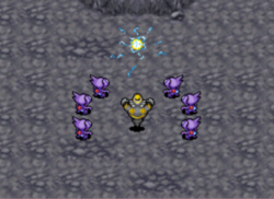 Noctunoir et les Ténéfix devant Celebi qui se téléporte.