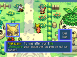 Alakazam demande au joueur de vérifier ce qui se passe sur l'Île Légendaire.