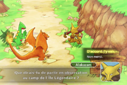 Alakazam demande au joueur de vérifier ce qui se passe sur l'Île Légendaire.