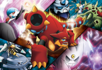 Un premier artwork montrant Volcanion opposé aux Méga-Pokémon de Dohga.