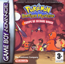 L'ombre de Dracaufeu, à l'extrême droite sur la boîte de Pokémon Donjon Mystère : Équipe de Secours Rouge