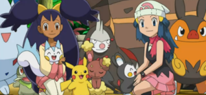 Aurore, Pachirisu, Iris et Emolga.png