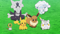 Ossatueur d'Alola (de Kiawe), Pikachu (de Sacha), Évoli (de Néphie), Goupix d'Alola (de Lilie) et Togedemaru (de Chrys)