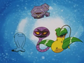 Arbok (de Jessie), Empiflor (de James), Smogogo (de James) et Qulbutoké (de Jessie)