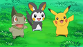 Coupenotte (d'Iris), Emolga (d'Iris) et Pikachu (de Sacha)