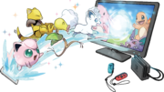 Illustration de la connexion entre Pokémon GO et Pokémon : Let's Go, Pikachu et Let's Go, Évoli.