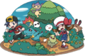 Luth et Célesta accompagnés par leurs Pokémon.