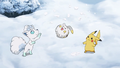 Goupix d'Alola (de Lilie), Togedemaru (de Chrys) et Pikachu (de Sacha)