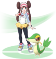 Écho avec sa tenue canonique et Vipélierre dans Pokémon Masters EX.