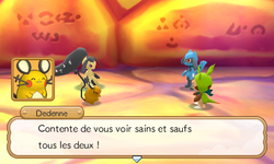 Une fois le fond du donjon atteint, le duo retrouvent Mysdibule et Dedenne…